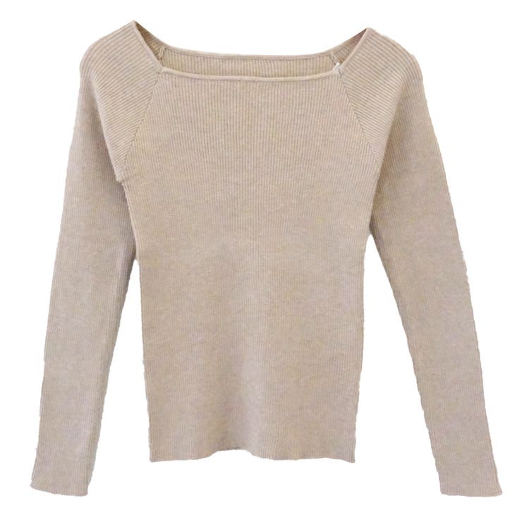 グレージュ | トレンドのスクエアネックが大人可愛い印象のスクエアネックリブニットトップス | aquagarage