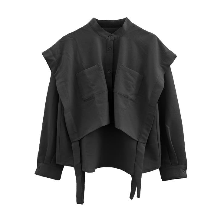 ブラック | さらっとした肌触りの袖口リボンレイヤード長袖ブラウス | aquagarage