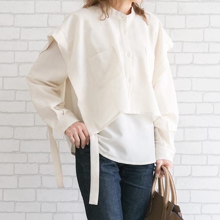 アイボリー | さらっとした肌触りの袖口リボンレイヤード長袖ブラウス | aquagarage