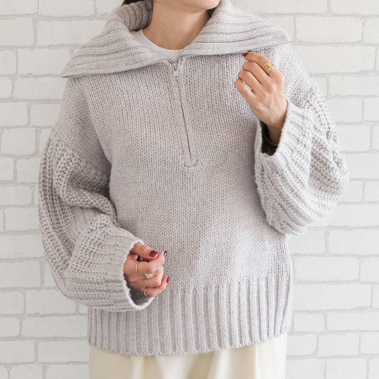 ライトグレー | 大きめの襟元で小顔効果も抜群♪天竺畦編みハーフジップニット | aquagarage