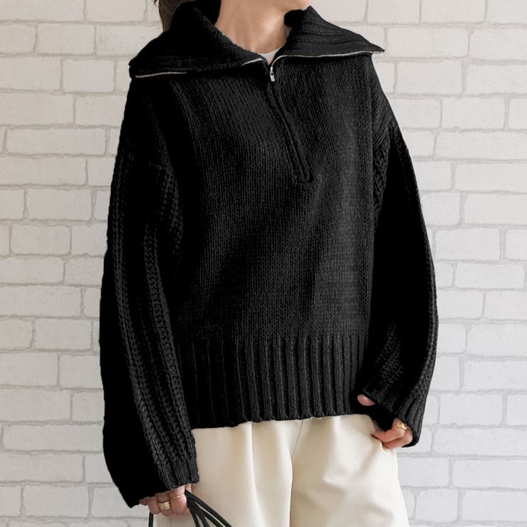 ブラック | 大きめの襟元で小顔効果も抜群♪天竺畦編みハーフジップニット | aquagarage
