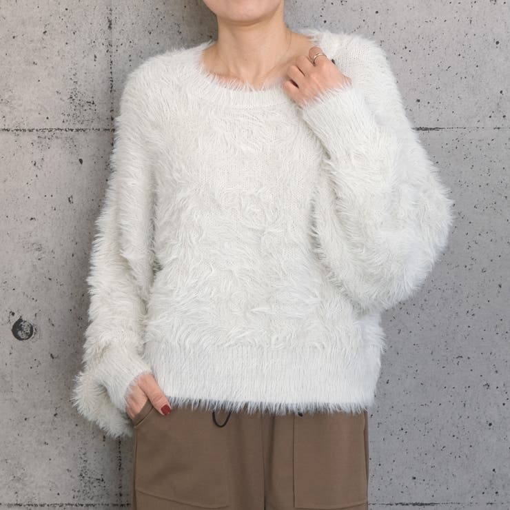 オフベージュ | シャギーニットラウンドネックトップス  レディース 春 秋 冬 | aquagarage