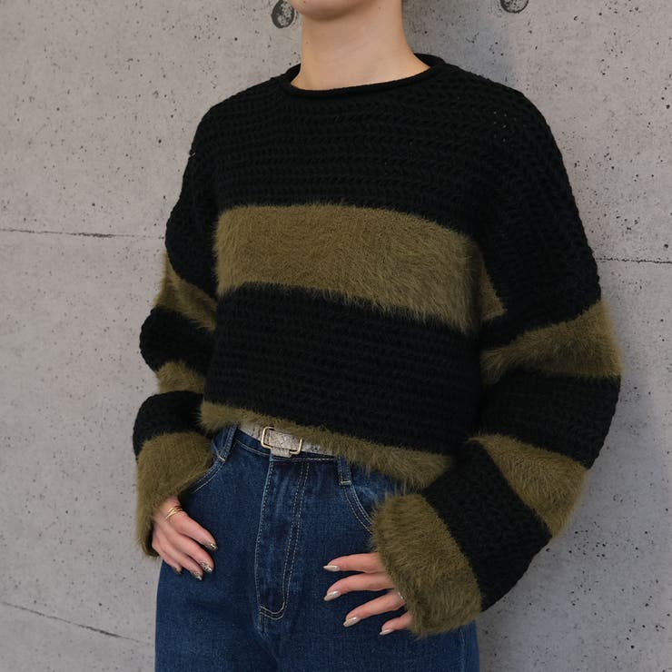 カーキ×ブラック | ショート丈ボーダーニット | aquagarage