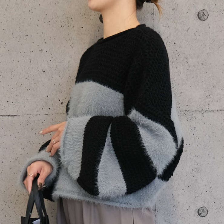 グレー×ブラック | ショート丈ボーダーニット | aquagarage