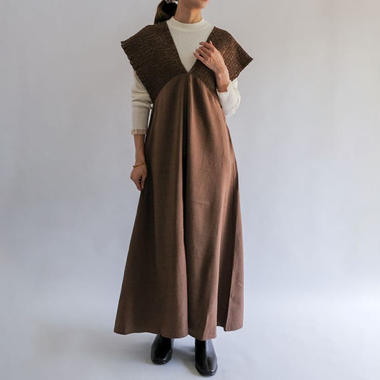 ブラウン | シャーリングロングワンピース 春 夏 秋 | aquagarage