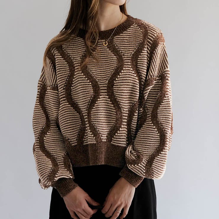 ブラウン | ジャガードショートニットトップス レディース | aquagarage