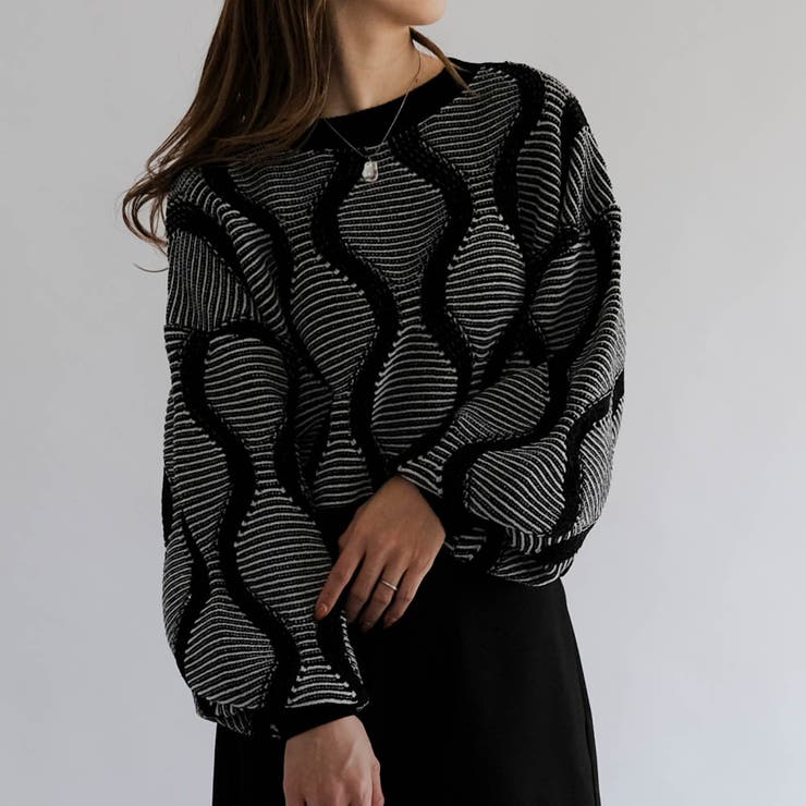 ブラック | ジャガードショートニットトップス レディース | aquagarage