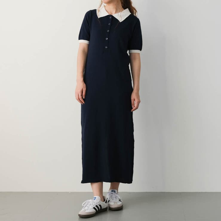 ネイビー | バイカラー襟付きニットワンピース 春 夏 M | aquagarage