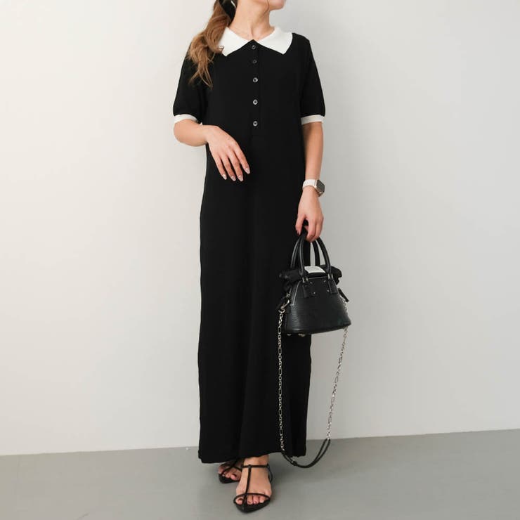 ブラック | バイカラー襟付きニットワンピース 春 夏 M | aquagarage