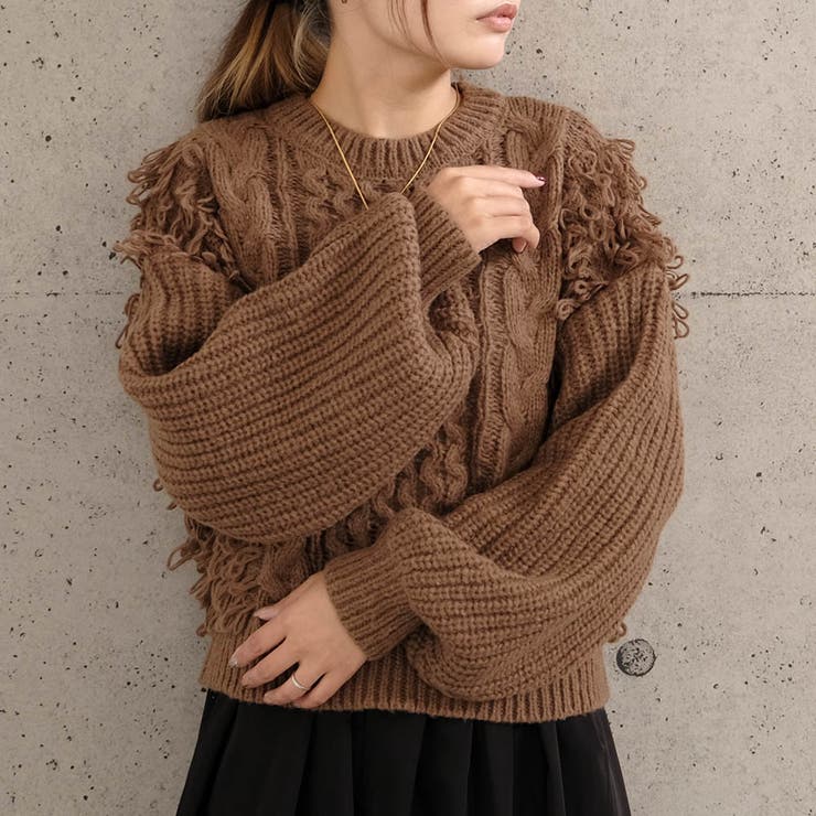 ループフリンジケーブル編みニットトップス 秋 冬 M レディース[品番