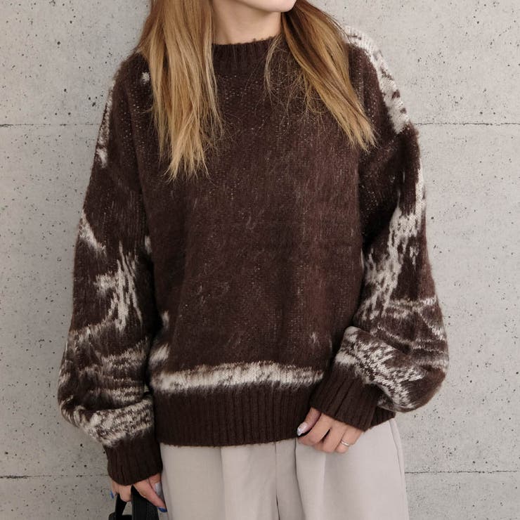 ブラウン | やわらかな色合いと独特な柄が印象的！ニュアンス柄ニットトップス | aquagarage