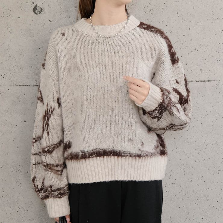 アイボリー | やわらかな色合いと独特な柄が印象的！ニュアンス柄ニットトップス | aquagarage