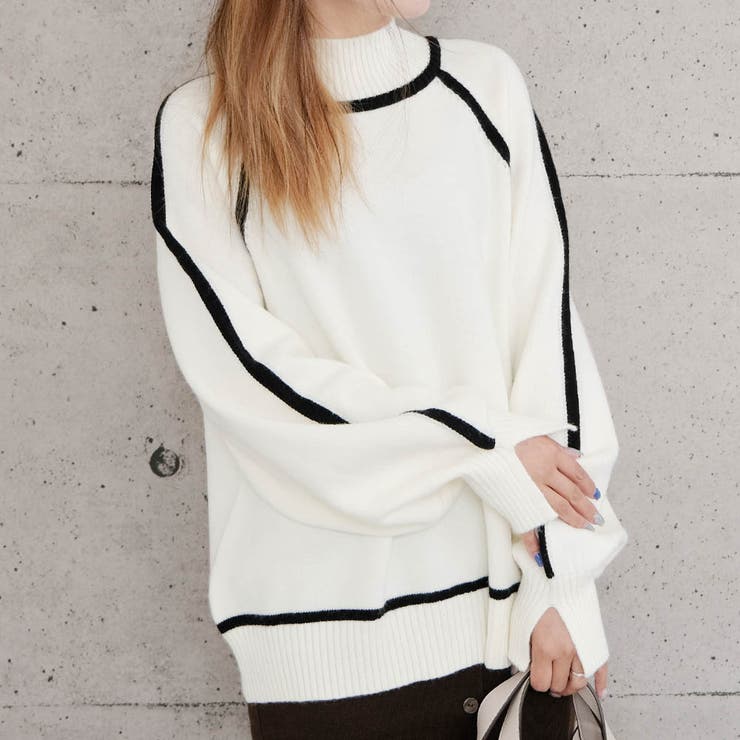 オフホワイト | 配色の切り替えデザインがアクセント！カシミアタッチ配色ニットトップス | aquagarage