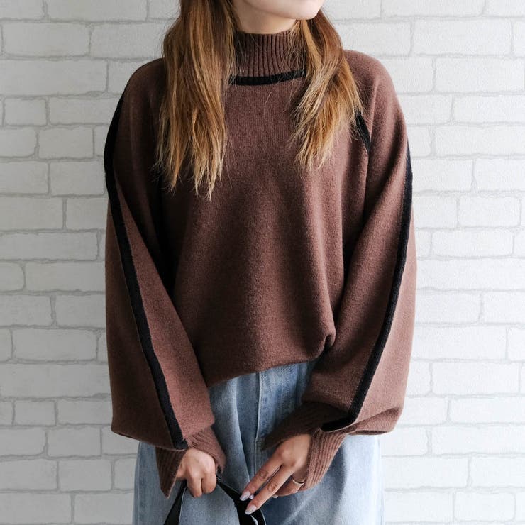ブラウン | 配色の切り替えデザインがアクセント！カシミアタッチ配色ニットトップス | aquagarage