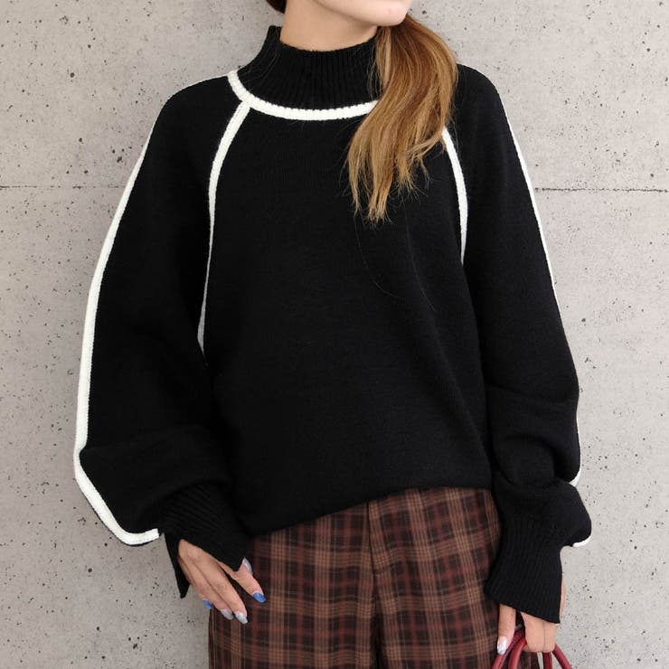 ブラック | 配色の切り替えデザインがアクセント！カシミアタッチ配色ニットトップス | aquagarage