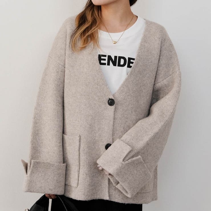 ベージュ | ワイドスリーブノーカラーニットジャケット 秋 冬 M  レディース | aquagarage