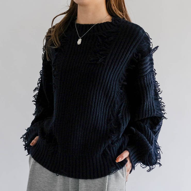 ネイビー | ダメージフリンジニットトップス 秋 冬 M  レディース | aquagarage