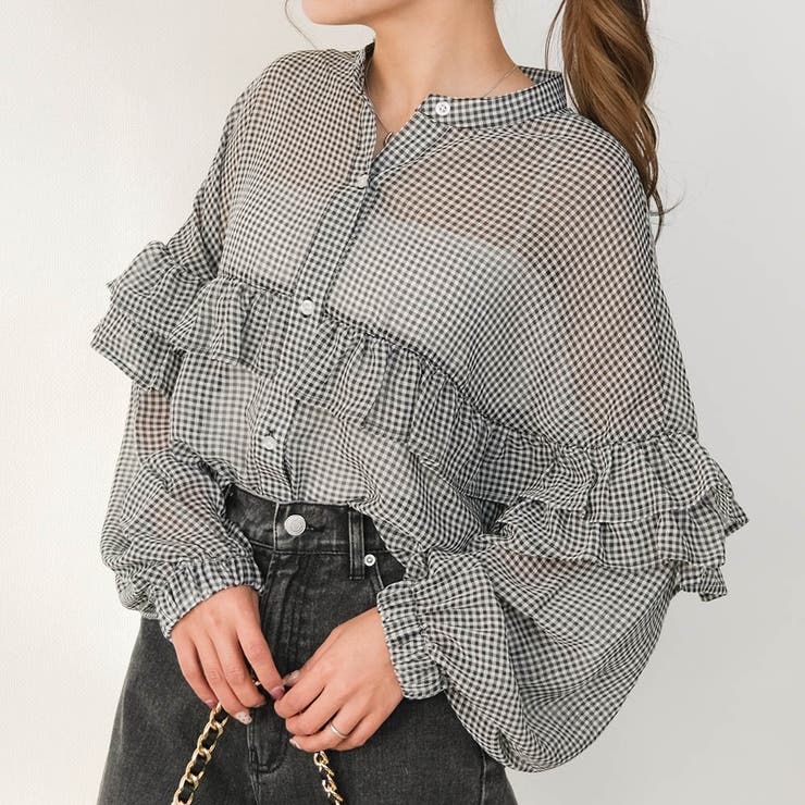 チェック：ブラック | フリルブラウス 春 秋 レディース | aquagarage