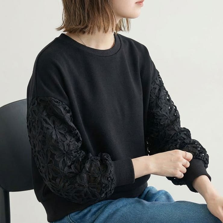 ブラック | 袖花柄シアー切替トップス 春  秋 冬 レディース | aquagarage