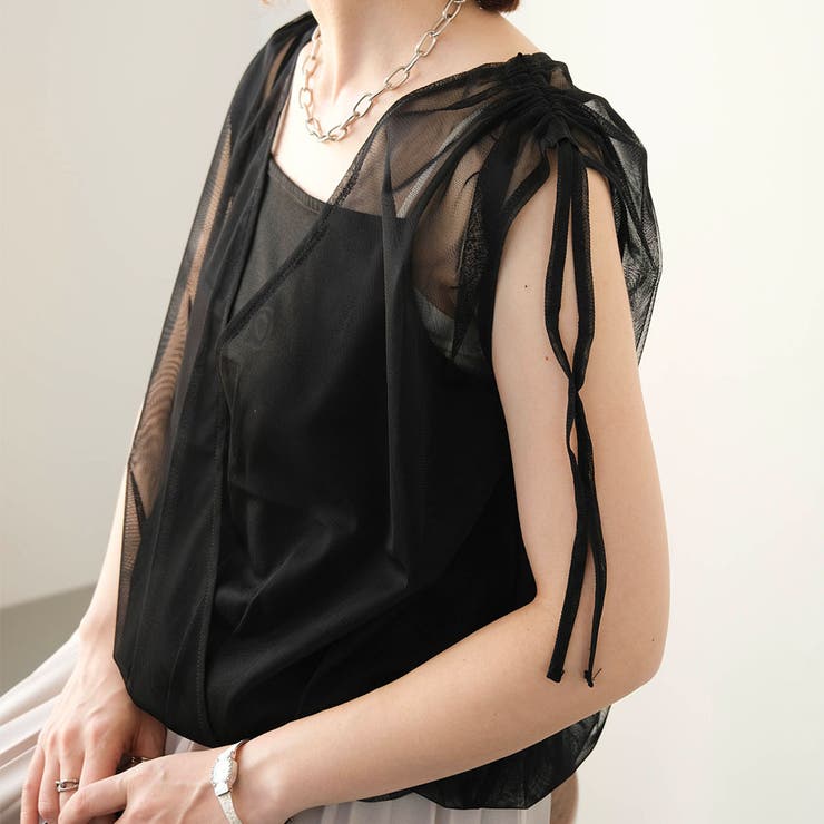ブラック | チュールカシュクールトップス Tシャツ 半袖 シアートップス レディース | aquagarage