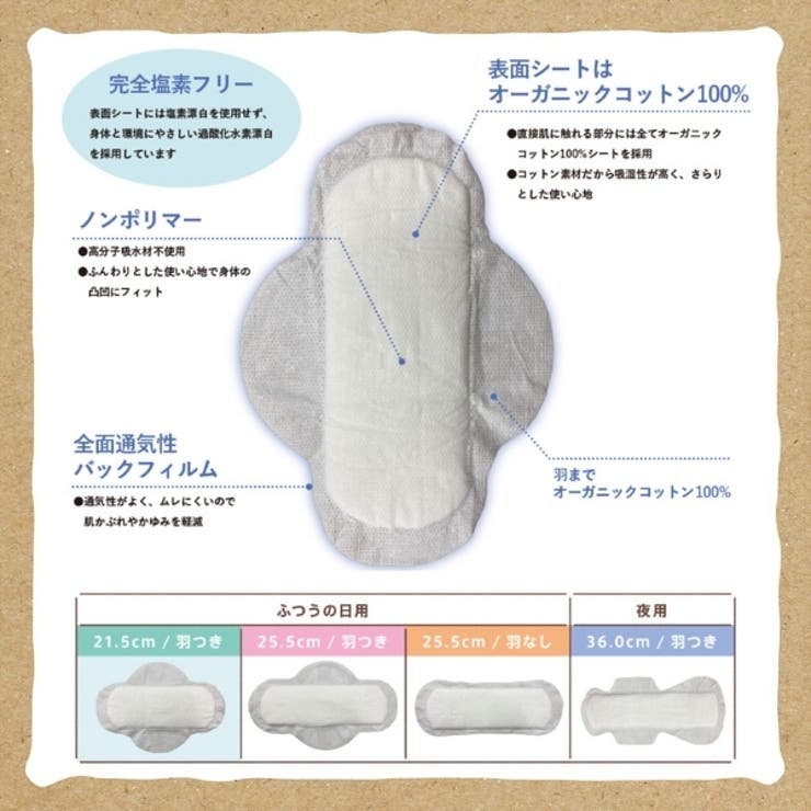オーガニックコットン ナプキン 21.5CM 羽つき 20個 | Shoplimart＃ | 詳細画像5 