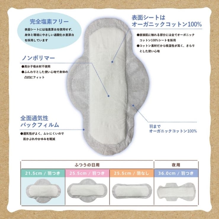 オーガニックコットン ナプキン 25.5CM 羽つき 16個 | Shoplimart＃ | 詳細画像5 