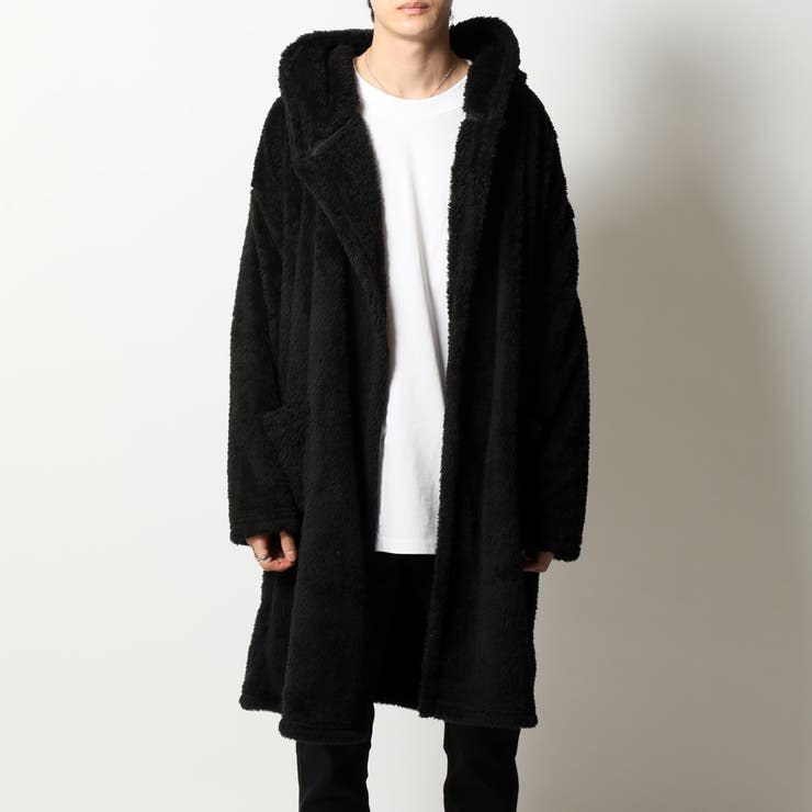 ブラック | 総ボア ふわふわ、もふもふ ファーリーなシャギーフードに包まれるフード付きセミロ… | ARCADE