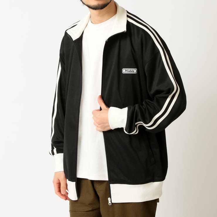 ブラック×オフホワイト（A） | ライン入りロゴ刺繍トラックジャケット | ARCADE