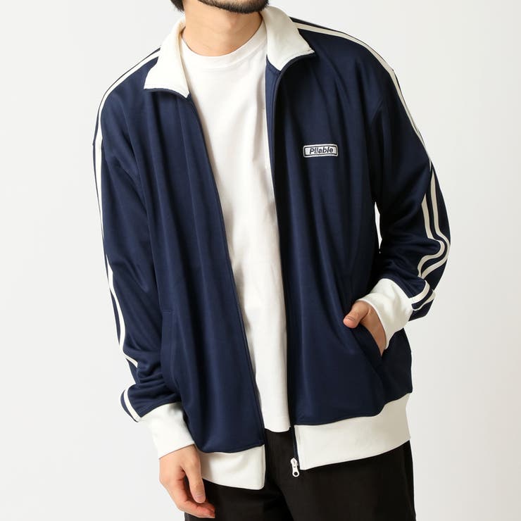 ネイビー×オフホワイト（A） | ライン入りロゴ刺繍トラックジャケット | ARCADE