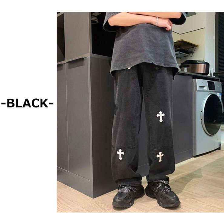 クロスパッチ ルーズストレートデニムパンツ ワイドデニム[品番