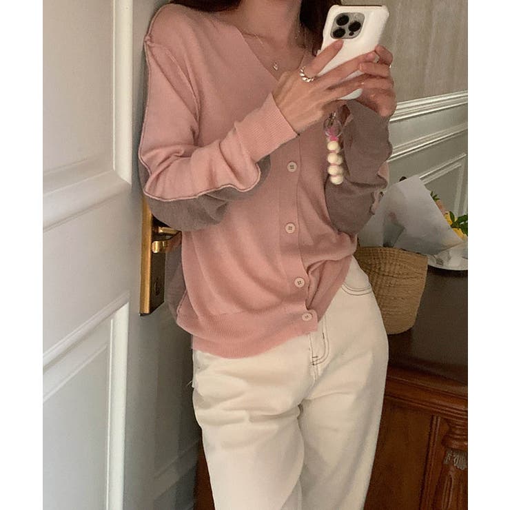 ピンク×ブラウン | バイカラーアウトリンキングカーデイガン 25062 バイカラーカーデイガン | ARGO TOKYO