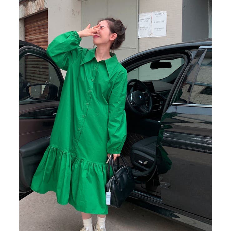グリーン | 韓国ファッションレディース夏服ビッグカラーマーメイドワンピース シャツワンピース… | ARGO TOKYO
