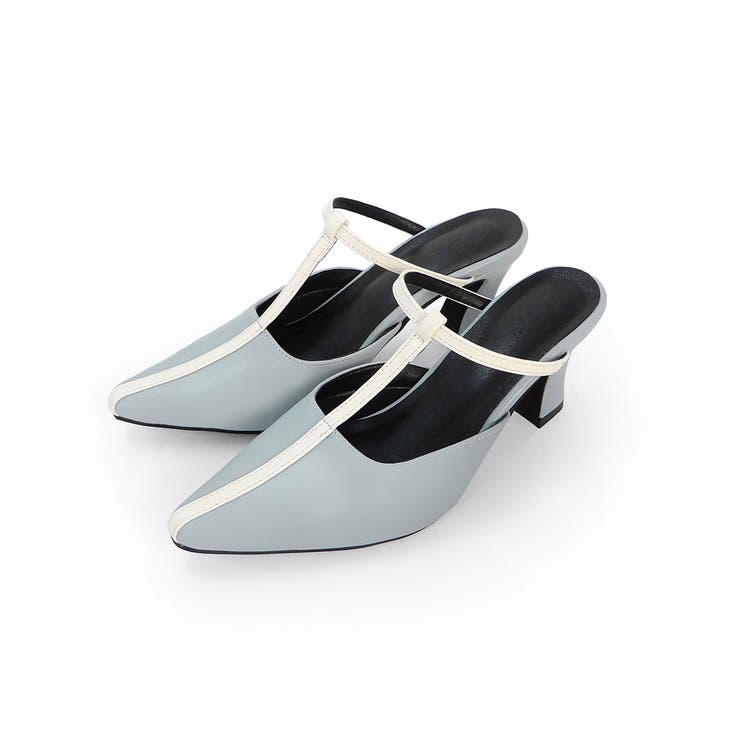 ブルー | フレアヒールTストラップミュール 8cmヒール minia | minia