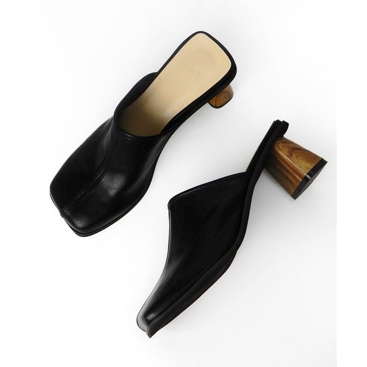 くったりフェイクレザーのスクエアサボサンダル ミュール 5cmヒール