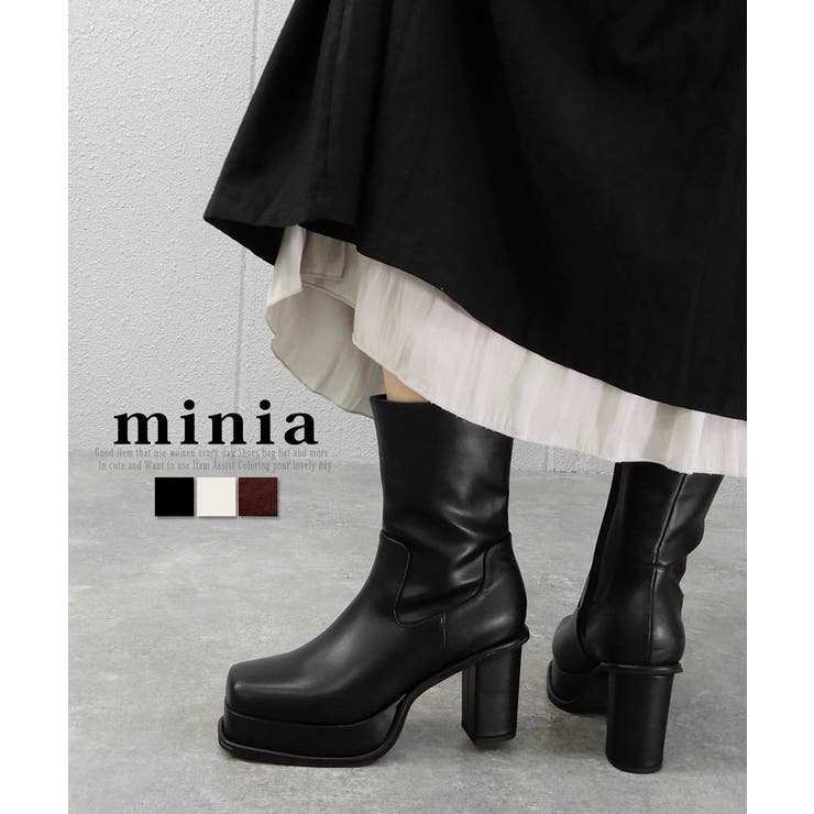 ワイドスクエアトゥの厚底ピースミドルブーツ トラックソール minia | minia | 詳細画像1 