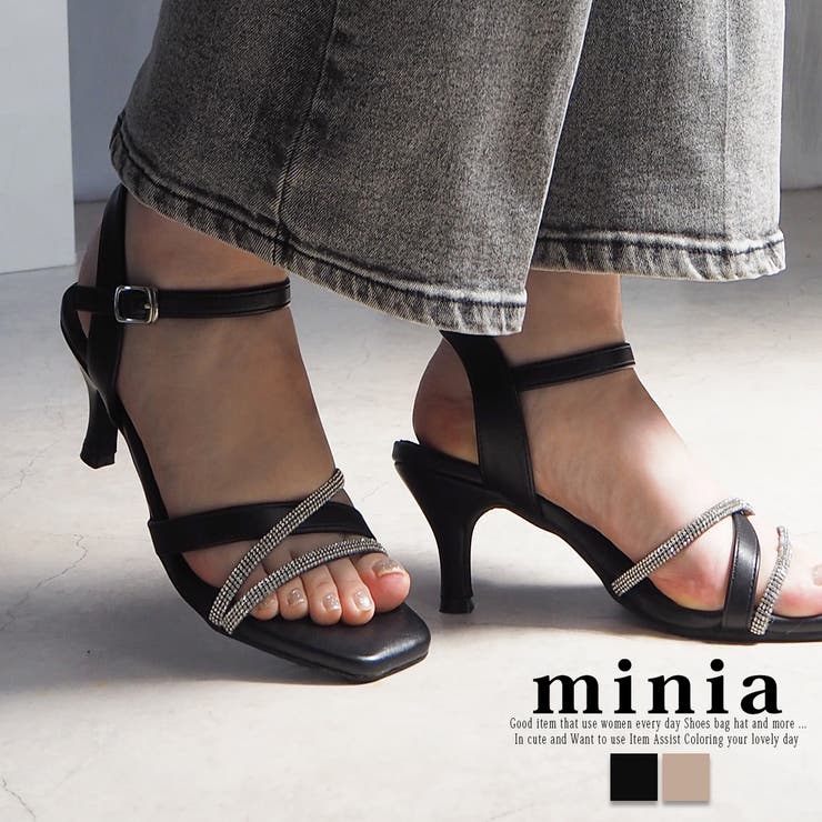 ブラック | ラインストーンのキトゥンヒールサンダル 6 0cmヒール | minia