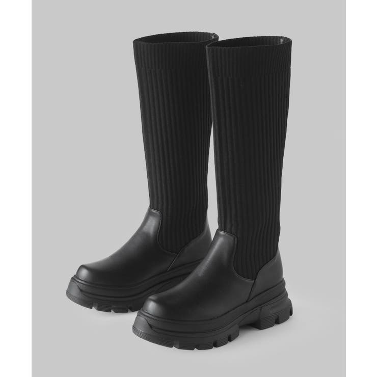 ブラック | ニットコンビロングブーツ ＜ スニーカーソールロングブーツ | minia