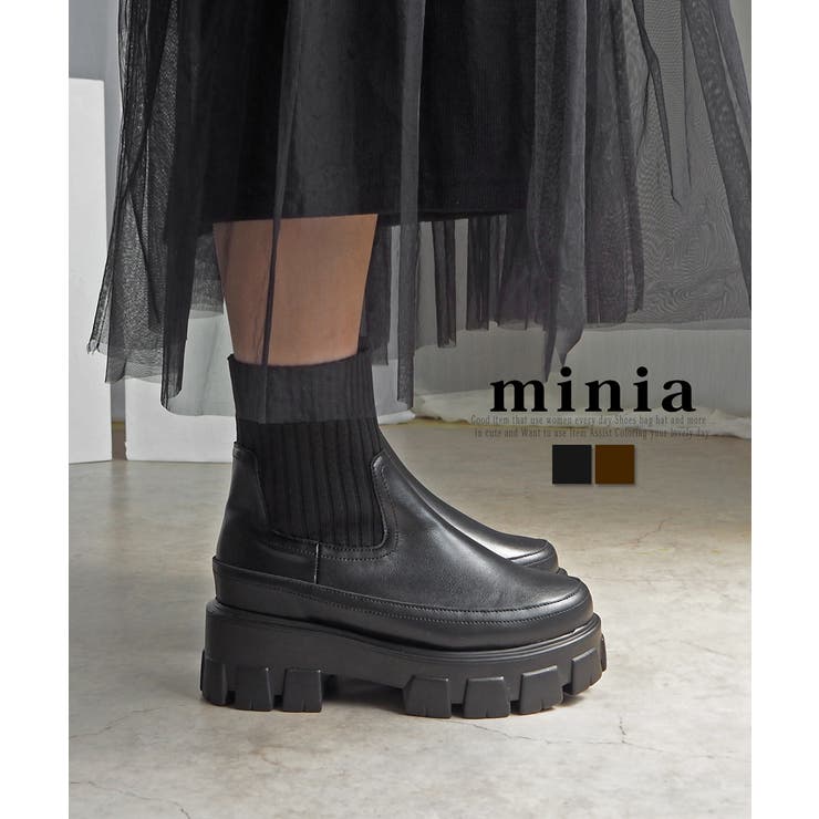 ブラック | 伸縮リブニットで足首きゅ！厚底ニットブーツ 厚底ブーツ minia | minia