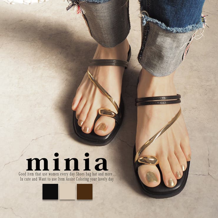 ブラック | 【上品華奢見え】ゴールドリングのアーバンリラックストングサンダル フラットサンダ… | minia