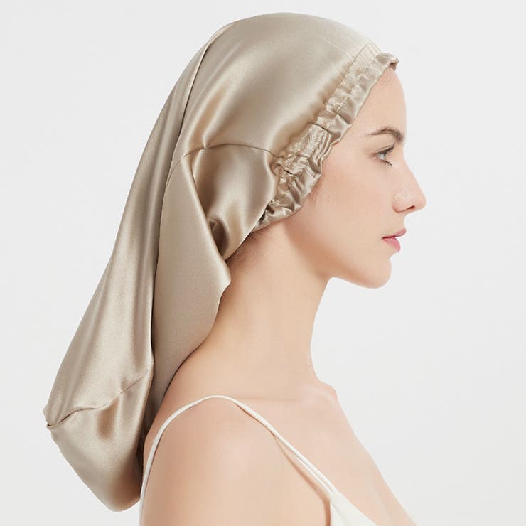 シャンパンゴールド | ナイトキャップ レディース ヘアキャップ シルク調 後結びリボン 髪ケア用  | Aleh Te’enah
