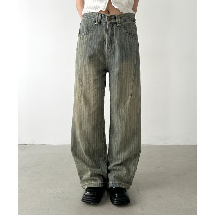 ブルー | ストライプ柄ワイドデニムパンツ | Outfitter lab