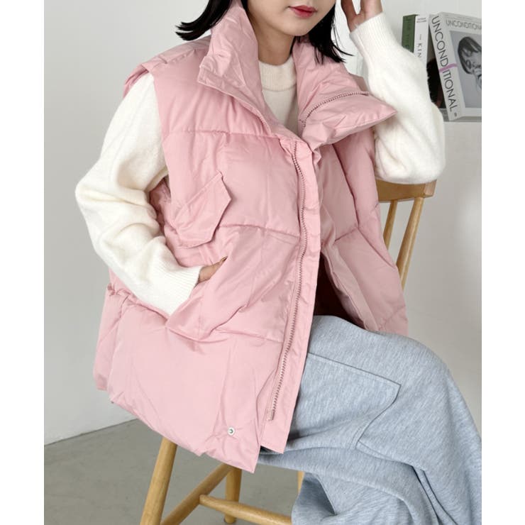 ピンク | スタンドカラーフェイクダウンオーバーサイズベスト | Outfitter lab