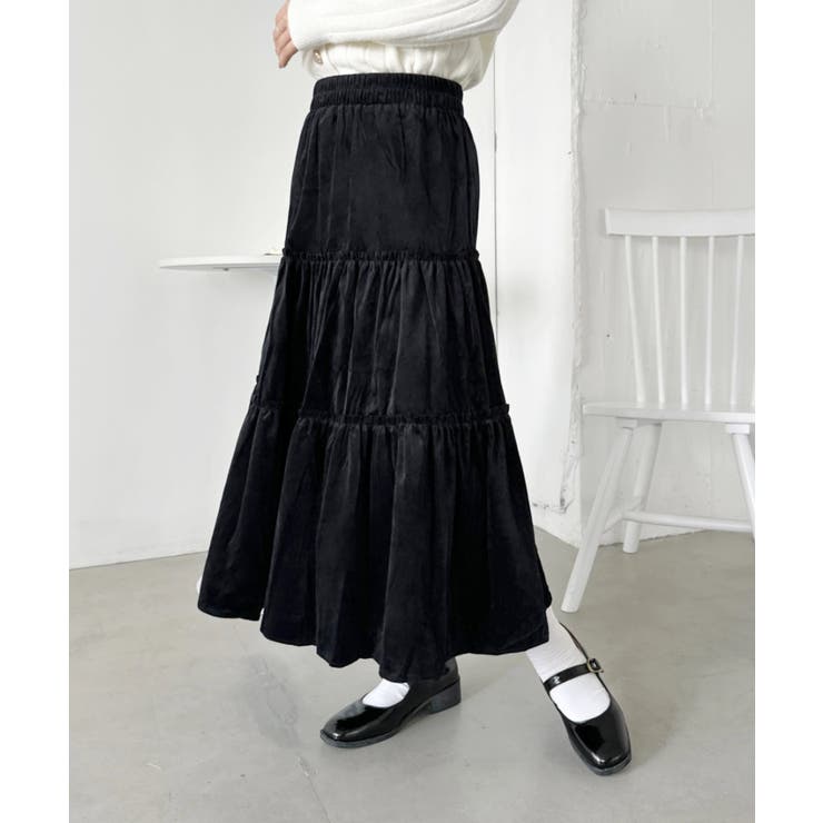 ブラック | ベロアギャザーティアードロングスカート | Outfitter lab