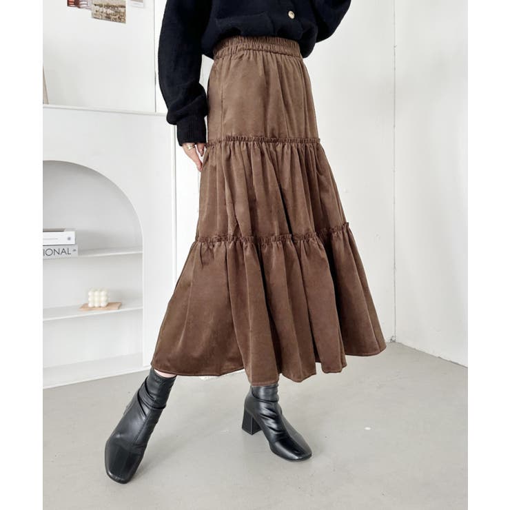 ブラウン | ベロアギャザーティアードロングスカート | Outfitter lab