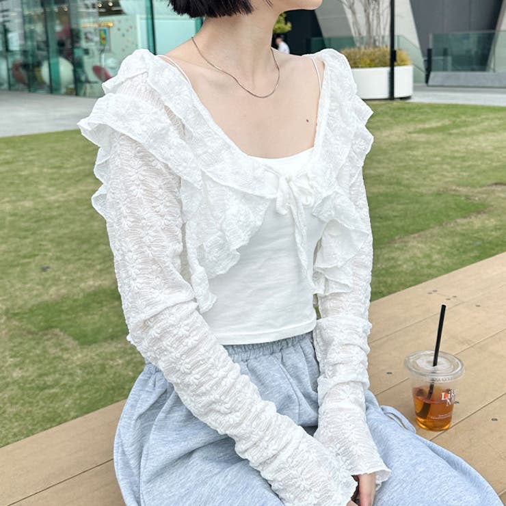 ラッフルフリルクロップド丈レースボレロ[品番：OUTW0000030