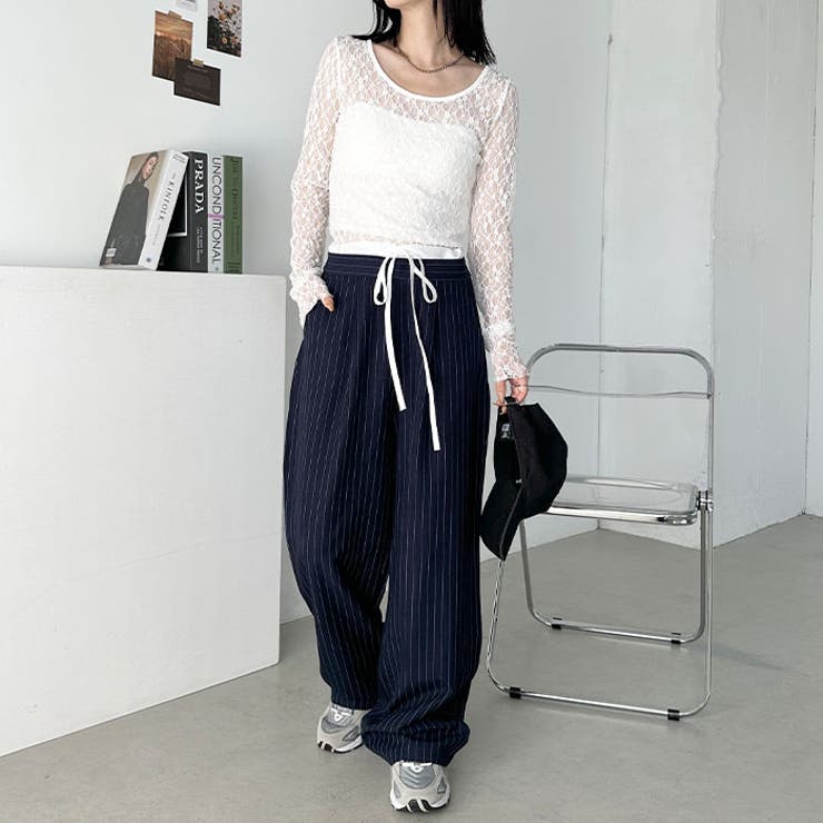 レイヤードデザインピンストライプパンツ[品番：OUTW0000034