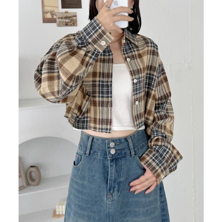 ベージュ | ショート丈チェックシャツ | Outfitter lab