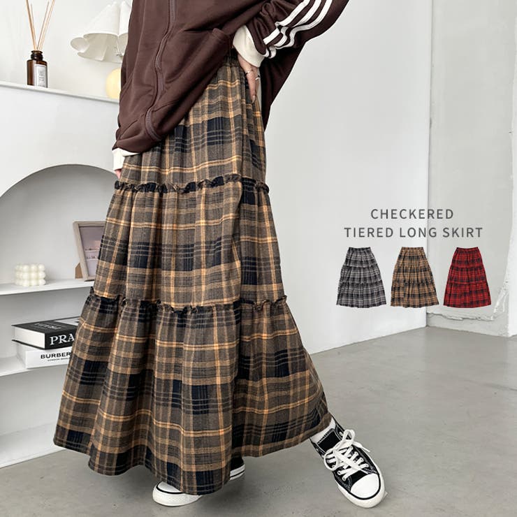 チェック柄ティアードロングスカート[品番：OUTW0000725