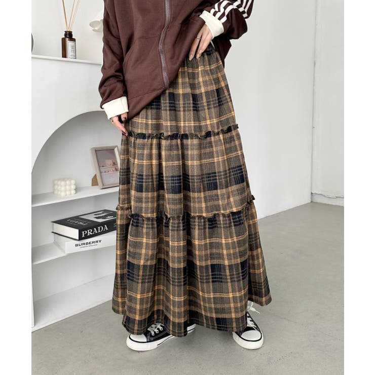 イエロー | チェック柄ティアードロングスカート | Outfitter lab