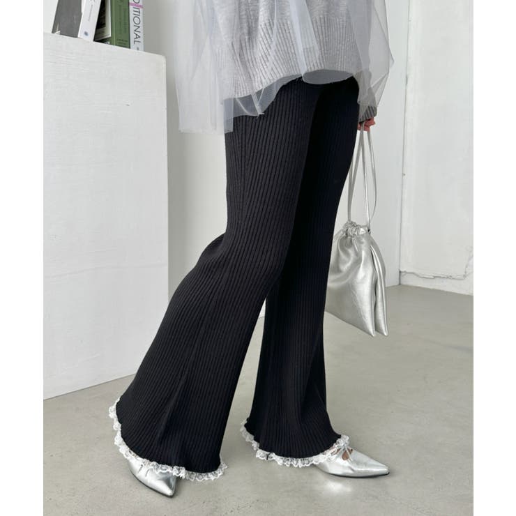 ブラック | フリルレースリブニットパンツ | Outfitter lab